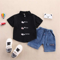 Toddler Boy Cartoon Animal Pattern Shirt & Denim Shorts  Black