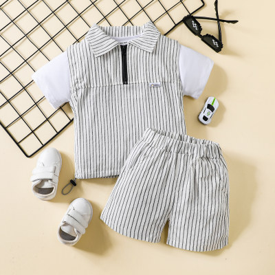 2-piece Toddler Boy Stripe Patchwork Short Sleeve Polo Shirt & Matching Shorts