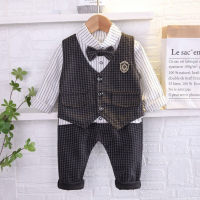 Toddler Boy Bow Decor Striped Shirt & Plaid Vest & Pants  Black