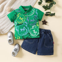 2-قطعة طفل رضيع كل انحاء الدب مطبوعة قميص بولو قصير الأكمام وسراويل الدنيم  أخضر