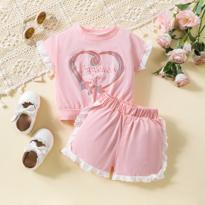 2-piece Toddler Girl Heart and Letter Printed Short Sleeve T-shirt & Matching Shorts