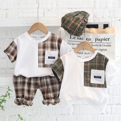 2-piece Toddler Boy Plaid Patchwork Short Sleeve T-shirt & Matching Shorts