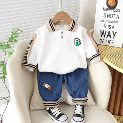 2-piece Toddler Boy Color-block Letter and Stripe Pattern Long Sleeve Polo Shirt & Matching Pants