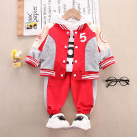 Toddler Color-block Letter Printed Collar Jacket & Hooded Sweater & Pants  Red