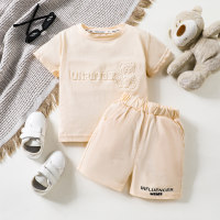2-piece Toddler Boy Solid Color Letter Embossing Short Sleeve T-shirt & Matching Shorts  Beige