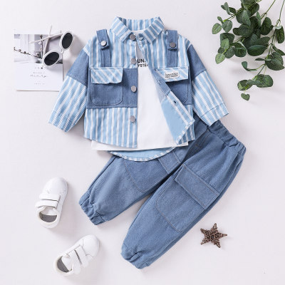 3-piece Toddler Boy Letter Printed Long Sleeve Top & Color-block Patchwork Pocket Front Button-up Shirt & Solid Color Cargo Pants