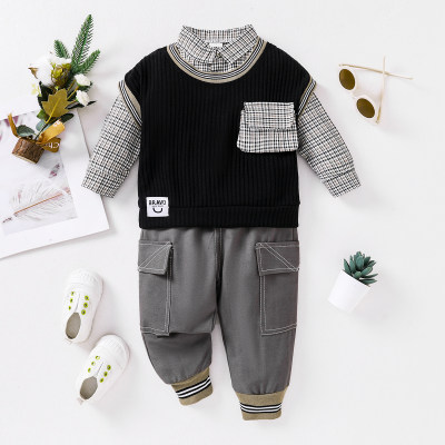 3-piece Toddler Boy Plaid Shirt & Plaid Pocket Front Sleeveless Vest & Solid Color Cargo Pants