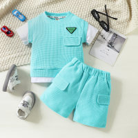 2-piece Toddler Boy Pure Cotton 2 in 1 Color-block Patchwork Short Sleeve T-shirt & Matching Shorts  Blue