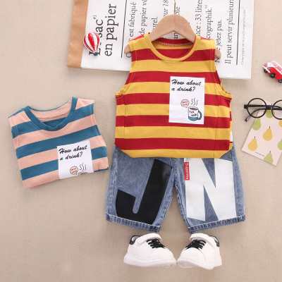 Toddler Boy Casual Striped Letter Print Tank Top & Denim Shorts