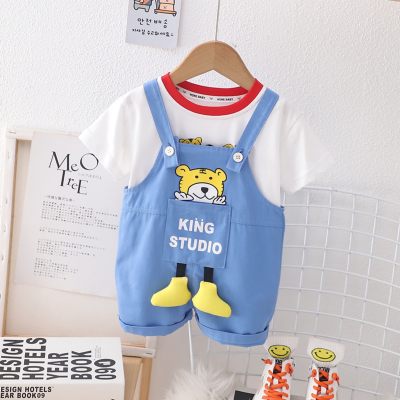 2-piece Toddler Boy Short Sleeve T-shirt & Tiger Style Letter Printed Dungarees