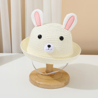 Sombrilla de verano para niños, sombrero de paja de playa con orejas tridimensionales de conejo de dibujos animados de viaje  Blanco