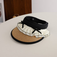 Sombrero de paja de playa con lazo y falda de encaje para viaje, protección solar de verano para niños  Caqui