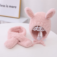 2-piece Baby Girl Solid Color Bunny Ear Design Plush Hat & Matching Scarf  Pink