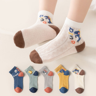 Five pairs of children's thin dinosaur mesh breathable mid-calf socks