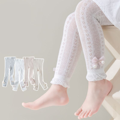 Pantalones sin entrepierna con lazo de perlas de Color sólido de algodón peinado fino de primavera y verano para niñas