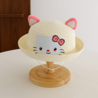Pare-soleil d'été pour enfants, chapeau de paille de plage avec oreilles de chat en trois dimensions, dessin animé de voyage  blanc