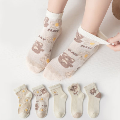 Cinco pares de calcetines hasta la pantorrilla transpirables de malla fina para coche con oso para niños