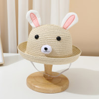 Sombrero de paja de playa con orejas tridimensionales de conejo de dibujos animados para excursión con sombrilla de verano para niños  Beige