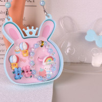 Children's cartoon cute girl bunny rainbow hot air balloon bracelet hairpin ring six-piece set  Style 2