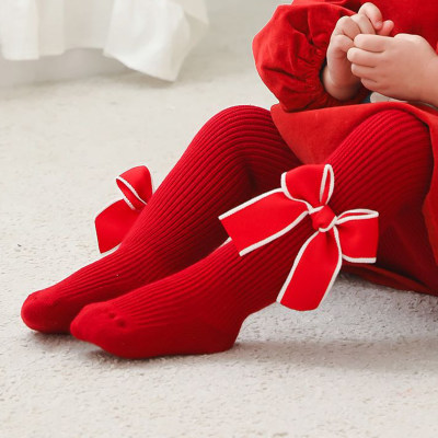 Baby Toddler Girl Pure Cotton Christmas Solid Color Bowknot Decor Pantyhose
