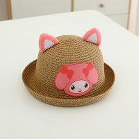 Children's summer sunshade travel cute three-dimensional ear beach straw hat  Coffee