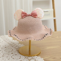 Children's summer sunshade travel bow Mickey ears sequined beach straw hat  Pink