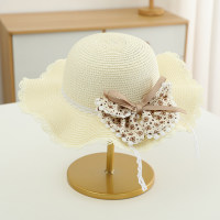 Sombrero de paja de playa para excursión de princesa con lazo Floral para el sol de verano para niños  Blanco