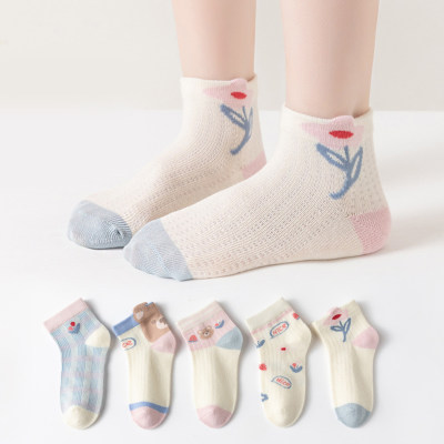 Cinco pares de calcetines media pantorrilla infantil transpirables de malla fina floral