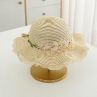 Sombrero de paja de playa con perlas y flores de viaje para protección solar de verano para niños  Beige