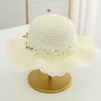 Sombrero de paja de playa con perlas y flores de viaje para protección solar de verano para niños  Blanco