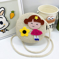 Children's summer beach trip cartoon doll cute straw bag woven bag  Khaki