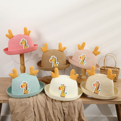 Cappello di paglia da spiaggia con orecchie tridimensionali della giraffa dei cartoni animati da viaggio per parasole estivo per bambini