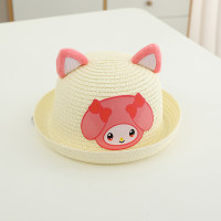 Children's summer sunshade travel cute three-dimensional ear beach straw hat  White