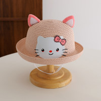 Pare-soleil d'été pour enfants, chapeau de paille de plage avec oreilles de chat en trois dimensions, dessin animé de voyage  Rose