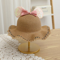 Children's summer sunshade travel bow Mickey ears sequined beach straw hat  Coffee