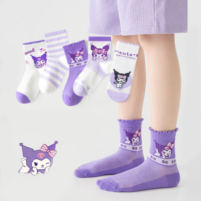 Cinco pares: calcetines deportivos de tubo medio para estudiantes del pequeño diablo rosa y morado de malla de verano para niños