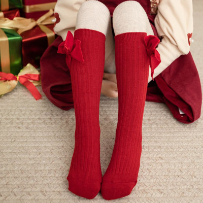 Kid Girl Pure Cotton Christmas Solid Color Bowknot Decor Knee-high Socks