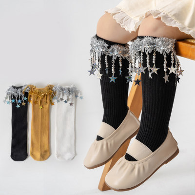 Girls' stylish five-pointed star sequined tassel stage catwalk stockings