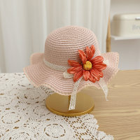 Sombrero de paja de playa de girasol de simulación de viaje con sombrilla de verano para niños  Rosado