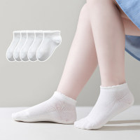 Five Pairs - Children's Summer Combed Cotton Breathable Pure White Mesh School Socks  Multicolor