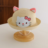 Pare-soleil d'été pour enfants, chapeau de paille de plage avec oreilles de chat en trois dimensions, dessin animé de voyage  Beige