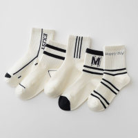 Five pairs of pack-children's spring and summer mesh breathable black and white striped letter student sports mid-calf socks  Multicolor