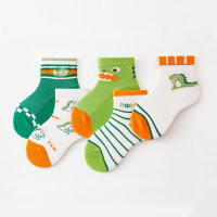 Five pairs - children's summer thin cartoon green dinosaur mesh breathable mid-tube socks  Multicolor