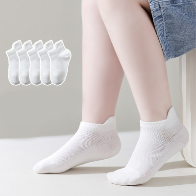 Five Pairs - Children's Summer Combed Cotton Breathable Pure White Mesh School Socks