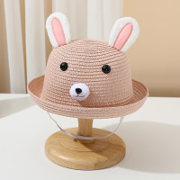 Sombrilla de verano para niños, sombrero de paja de playa con orejas tridimensionales de conejo de dibujos animados de viaje  Rosado