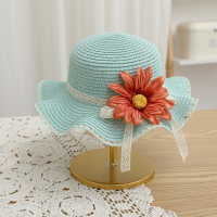 Sombrero de paja de playa de girasol de simulación de viaje con sombrilla de verano para niños  Azul