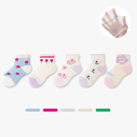 Five pairs of children's thin cartoon rose kitten mesh breathable mid-calf socks  Multicolor