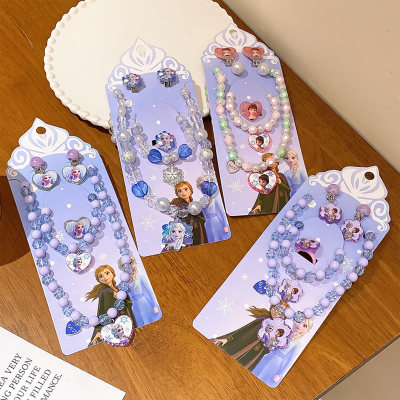 Conjunto de joyería con cuentas, collar, pulsera y anillo con clip para la oreja de princesa para niños de Frozen