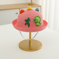 Sombrilla de verano para niños, sombrero de paja de playa con orejas tridimensionales de dinosaurio de dibujos animados de viaje  Rosa caliente