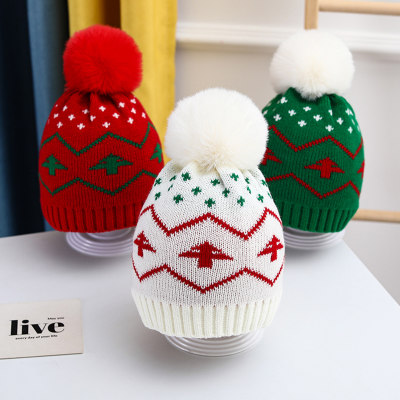Baby Pure Cotton Christmas Tree Pattern Pom Pom Decor Knitted Hat
